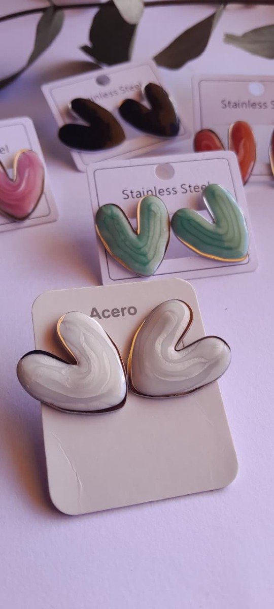Producto - Aros acero corazón color perlado