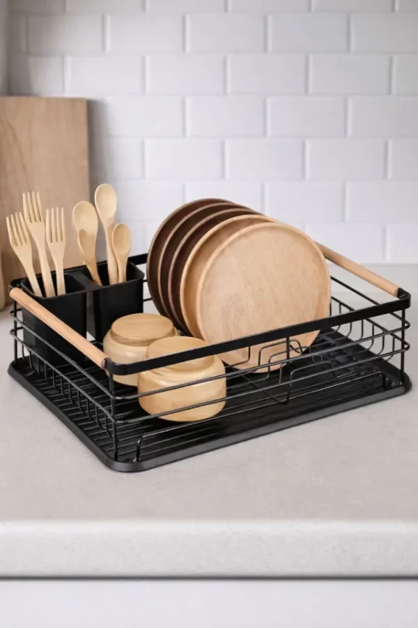 Producto - ESCURRIDOR METAL LINEA BLACK CON MANIJAS DE BAMBU