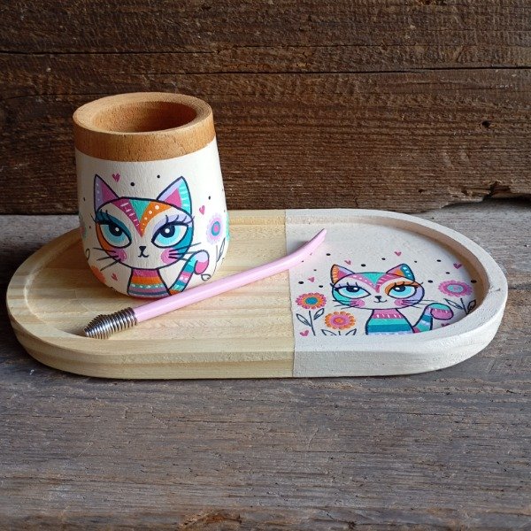 Producto - Set Bandeja + Mate Gatita + Bombilla (Varios Colores)