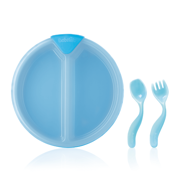 Producto - Plato térmico + cubiertos Babelito celeste