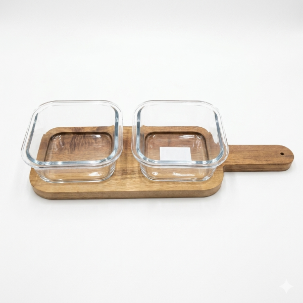 Producto - SET BANDEJA MADERA + 2BOWL CUADRADO DE VIDRIO