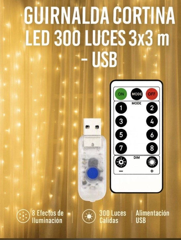 Producto - CORTINA LED LUZ CÁLIDA USB C/CONTROL 3x3m