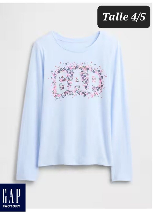 Remera manga larga gap talle 4/5 celeste logo flores