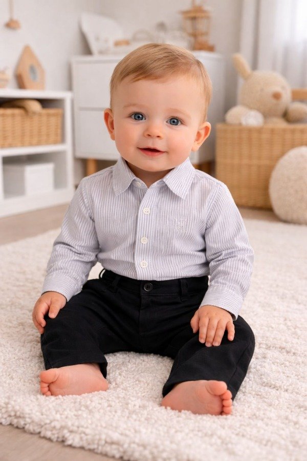 Producto - Body camisa de bebe mangas largas rayado gris