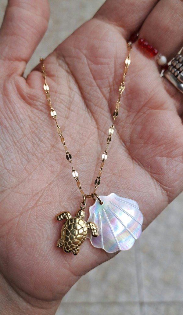 Producto - Collar Acero Dorado 40cm más 5cm de alargue con Dije Tortuga más Ostra tornasol