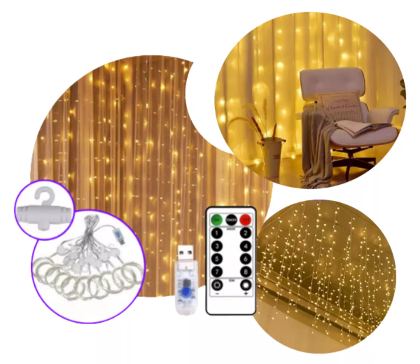 Producto - Cortina Led 3x3 mts de Alambre Led 300 Luces Calidas 10 Tiras Usb Control Remoto