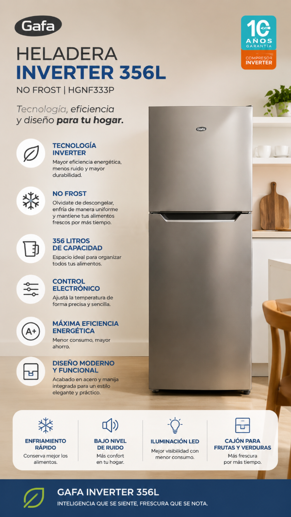 Producto - HELADERA GAFA INVERTER 356LTS NO FROST HGNF333P