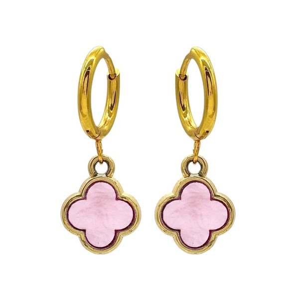 Producto - Aros argolla cubanas de acero dorado con dije - 1.2cm - Flor - Rosa