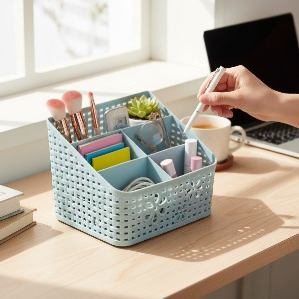 Producto - ORGANIZADOR CALADO 5 DIVISIONES TIPO CANASTA CON FLORES 20X14CM - 2