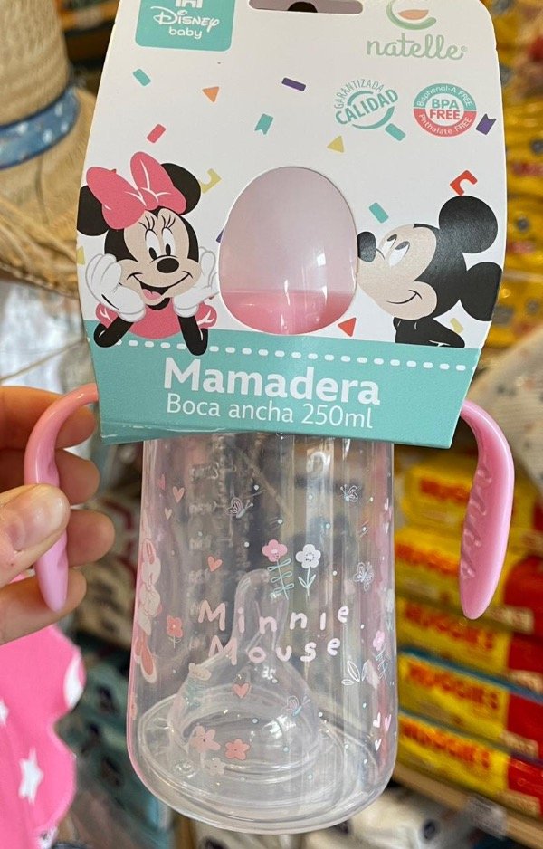 Producto - Mamadera Disney natelle Minnie +6 M boca ancha con asas x250ml Rosa