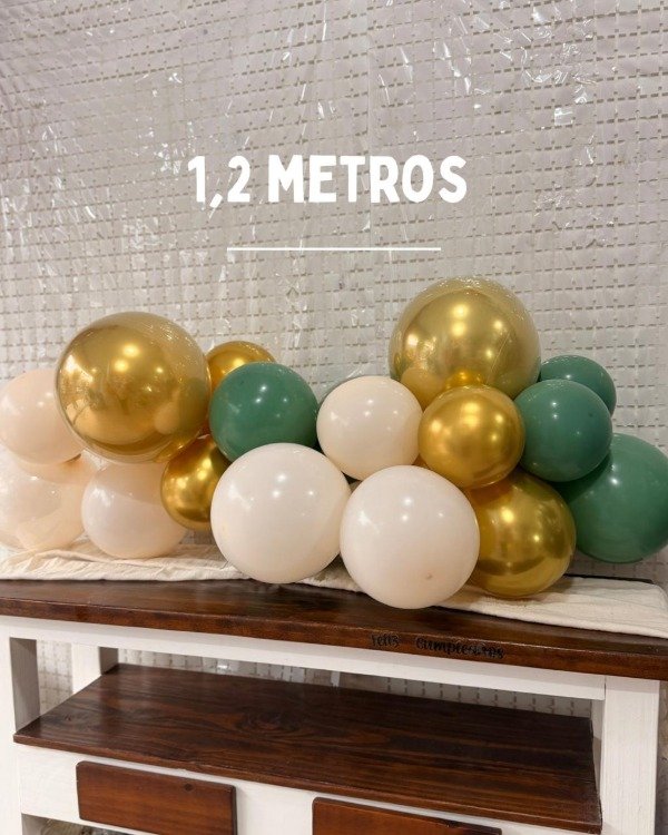 Producto - Arco de globos 1,2 metros Verde oliva, chrome oro y beige.