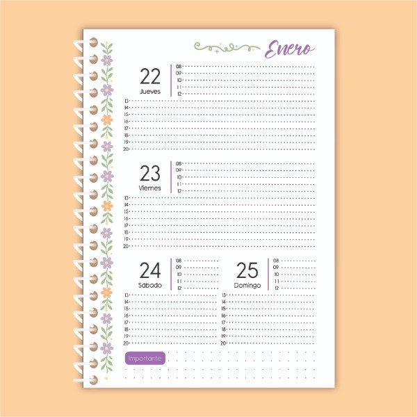 Producto - AGENDA 2026 SEMANAL HORIZONTAL ARCHIVO IMPRIMIBLE - MODELO FLORAL COLOR