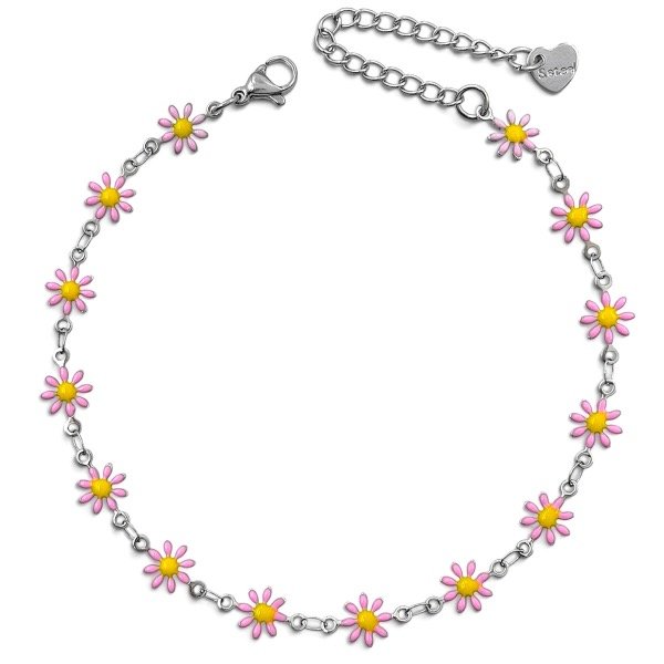 Producto - Tobillera de acero quirúrgico . Margaritas . Rosa