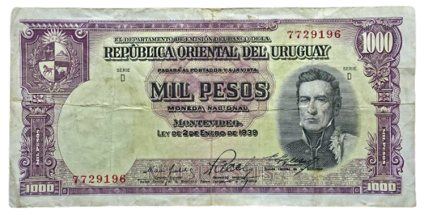 Producto - Uruguay 1000 Pesos (1967) Artigas / La Meseta Pick.45a F+/-VF