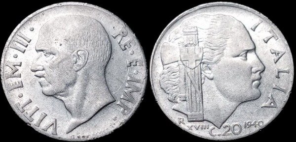Producto - Reino de Italia - 20 Centésimos (1940) KM #75 b Canto estriado y magnética [VF]