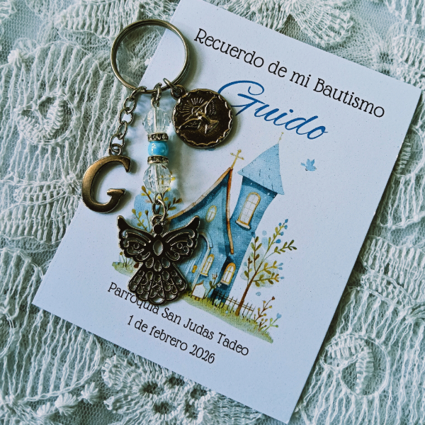Producto - Llavero Angelito Calado mas San Benito, mas tarjeta personalizada