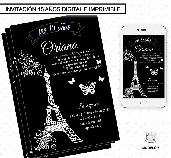 Producto - Invitación 15 años Digital e Imprimible París Eiffel Negra M3