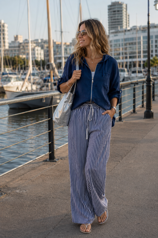 Producto - pantalon lino rayas azules y blancas - 0