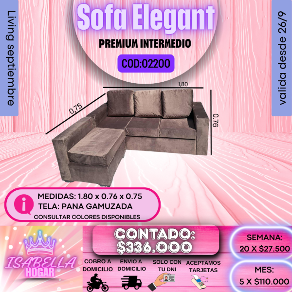 Producto - SOFA ELEGANT PREMIUM INTERMEDIO CON CAMASTRO PANA GAMUZADA COD:02200