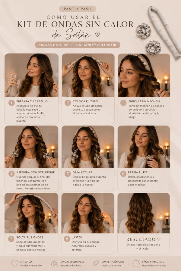 Producto - Kit de Ondas Sin Calor de Satén - Rizador para Dormir Más 2 Scrunchies - 4