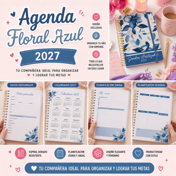 Producto - Agenda Floral Azul 2027 Imprimible y Editable