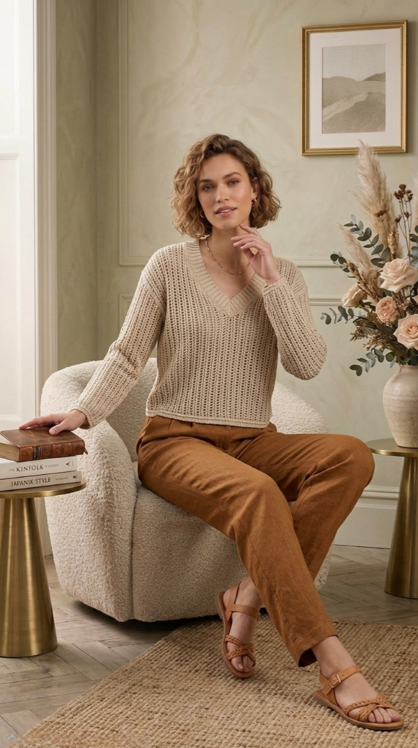 Producto - Suéter Crop de Punto Calado Algodón con Cuello en V ajuste relajado - 4