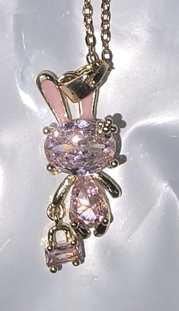 Producto - Collar Cadena Mujer conejita strass rosa con carterita+ Cadenita De Color Dorado