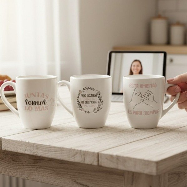 Producto - SET DE 3 TAZAS BOMBÉ CERAMICA ARTESANAL DIA DEL AMIGO FRASE SURTIDA