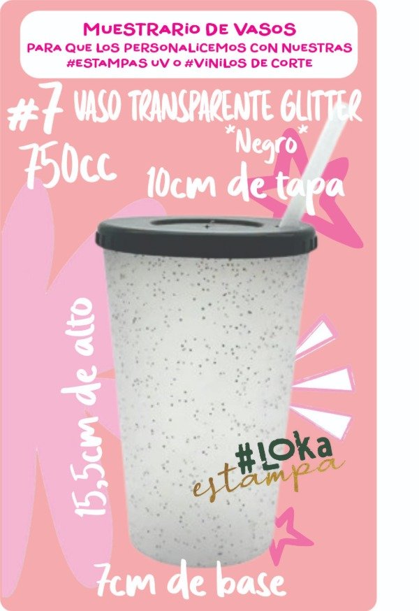 Producto - #7 Vaso Transparente Glitter 750cc Tapa Negra