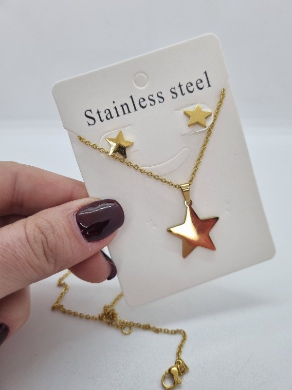 Producto - Set cadena + aritos acero dorado estrella