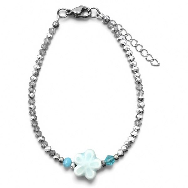 Producto - Pulsera de cristal checo 3mm . Gris . Flor celeste - 0