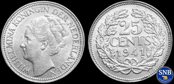Producto - Países Bajos - 25 Céntimos (1941) Plata KM #164 - Gobierno en el Exilio