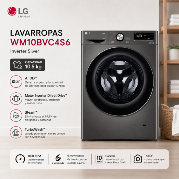 Producto - LAVARROPAS LG 10.5KG WM10BVC4S6 INVERTER SILVER