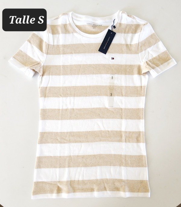 Producto - Remera manga corta Tommy Hilfiger talle S rayada beighe