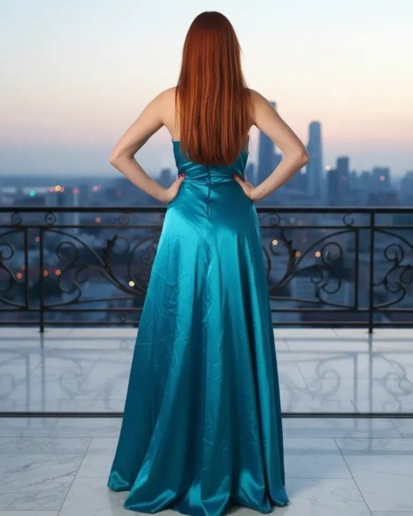 Producto - Vestido turqueza de satén  de 15 años económicos - 6