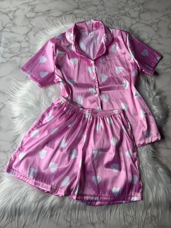 Producto - Pijama camisero animado de saten - Rosa Corazones