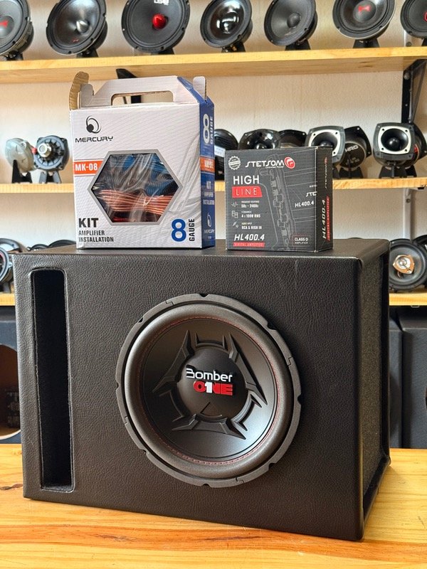 Producto - COMBO SUB 10" BOMBER ONE 200RMS + POTENCIA 400.4 + KIT 8 GAUGES + CAJON MDF SLOT