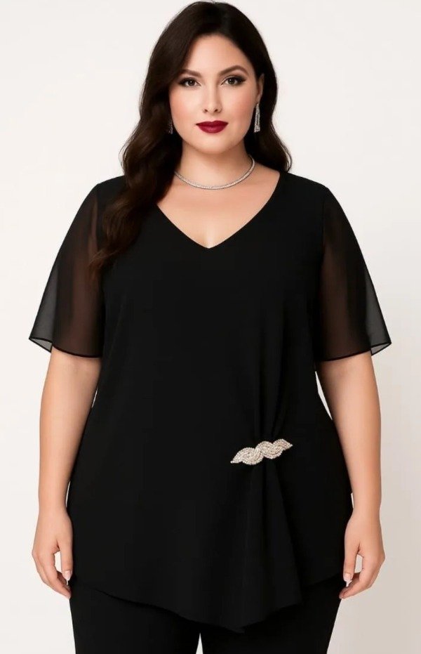 Producto - Blusa con manga de gasa y micro tul con pliegues cintura y strass