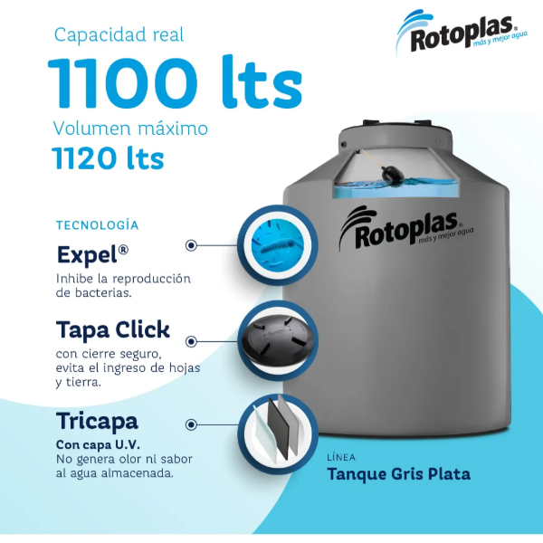 Producto - Tanque de agua Rotoplas 1100L Tricapa vertical Gris Capa antibacterial