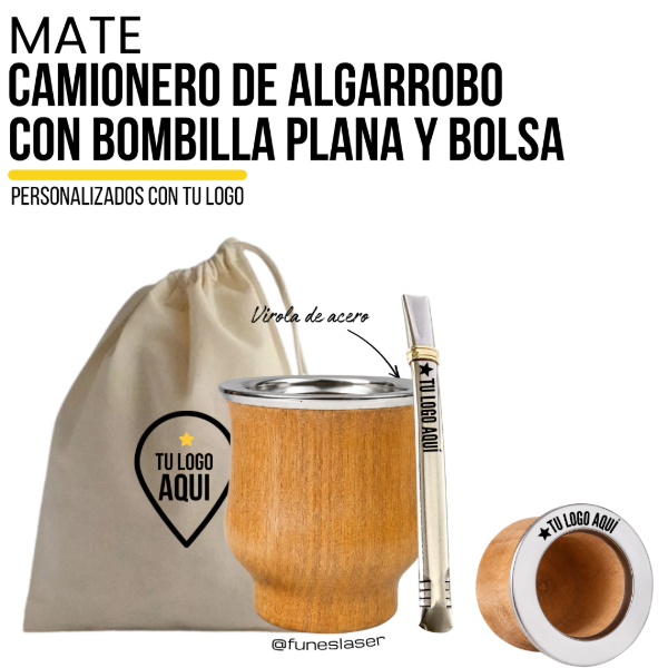 Producto - Mate Camionero de Algarrobo con Bombilla Plana y Bolsa de lienzo