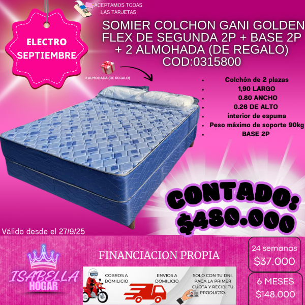 Producto - SOMIER COLCHON GANI GOLDEN FLEX DE SEGUNDA + BASE 2P +  2 ALMOHADA COD: 0315800