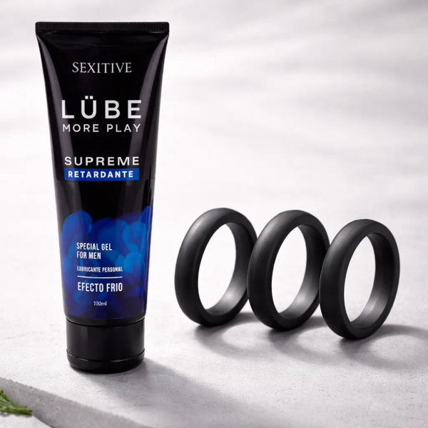 Producto - Kit Retardante Set de 3 anillos p/pene + Gel Lube Supreme
