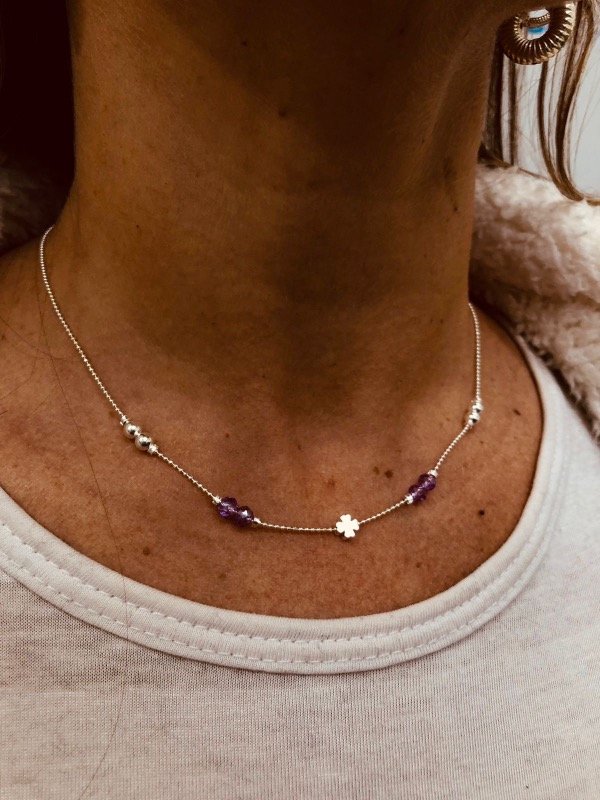 Producto - Gargantilla Trébol lila microbolita Plata 900