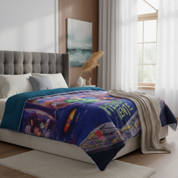 Producto - Acolchado "Intensamente 2" de 1 1/2 Plaza Reversible a liso color Petróleo