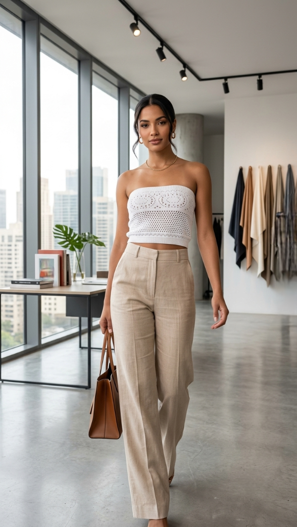 Producto - Top Crop Strapless Tejido en Hilo de Algodón - Estilo Calado Texturado - 0