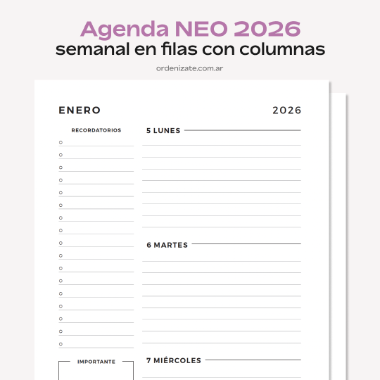 Producto - AGENDA NEO 2026 (semanal en filas con columnas)