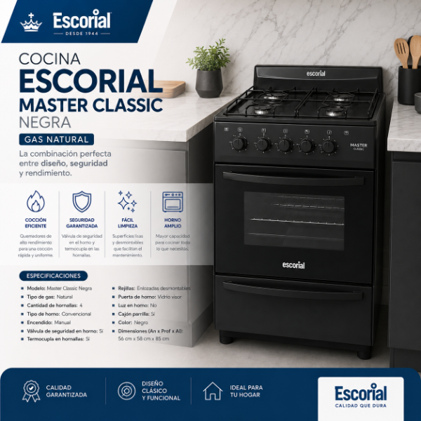 Producto - COCINA ESCORIAL MASTER CLASSIC NEGRA (GAS NATURAL)