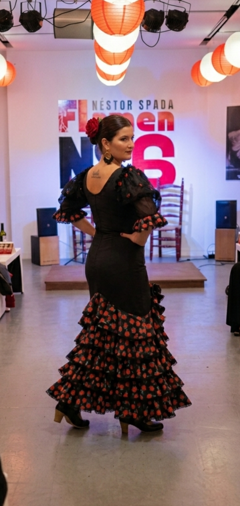 Producto - VESTIDO ROSETA TL NEGTO CON VOLADOS CON ROSITAS MANGAS PLUMETI