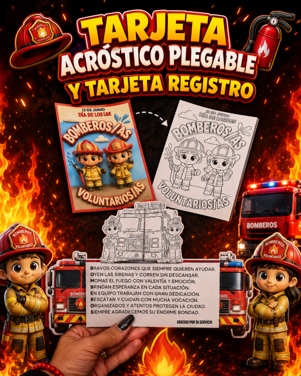 Producto - TARJETA PLEGABLE ACRÓSTICO y TARJETA REGISTRO. Día del bombero