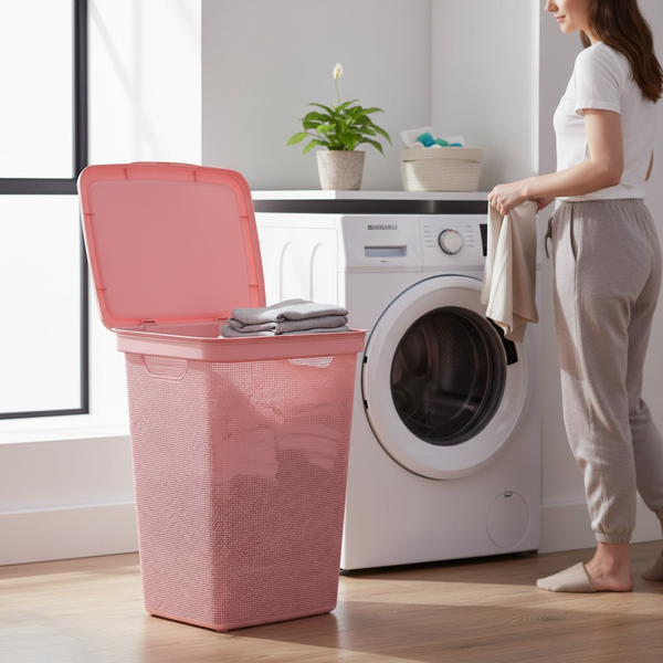 Producto - Canasto Multiuso Textura Rattan Rosa 53x42x34